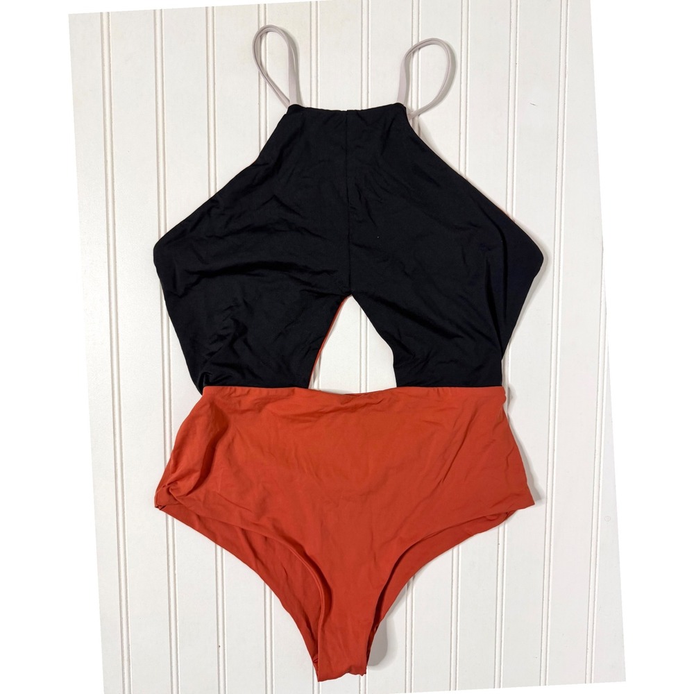 Tavik Anthropologie Black Orange Colorblock Cutout High Neck Swimsuit 233 - Picture 3 of 9